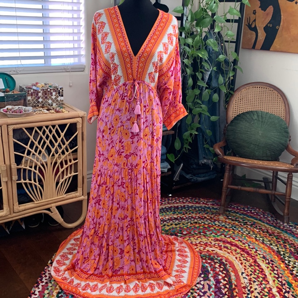 Aakaa Pink Orange Floral Maxi Dress